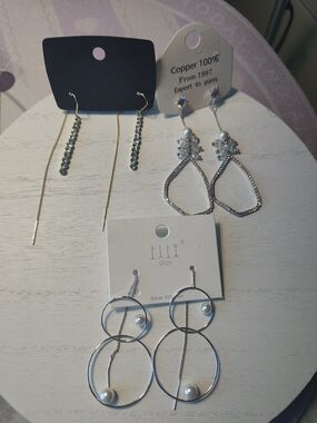 Silver Double Hoop Pearl Drop Earrings - White